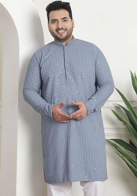 Grey Embroidered Cotton Kurta For Men