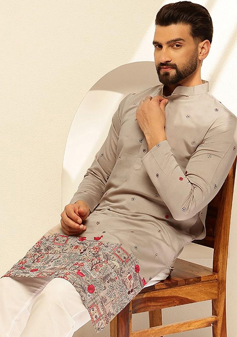 Grey Thread Work Cotton Kurta For Men
