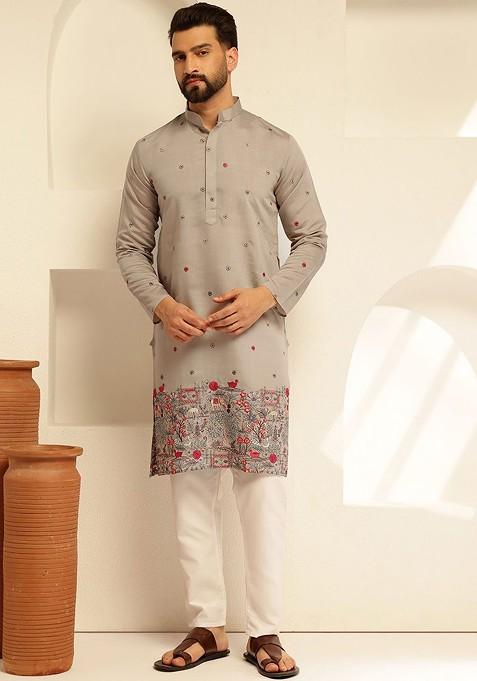 Grey Thread Work Cotton Kurta For Men