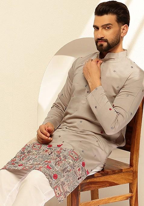 Grey Thread Work Cotton Kurta For Men