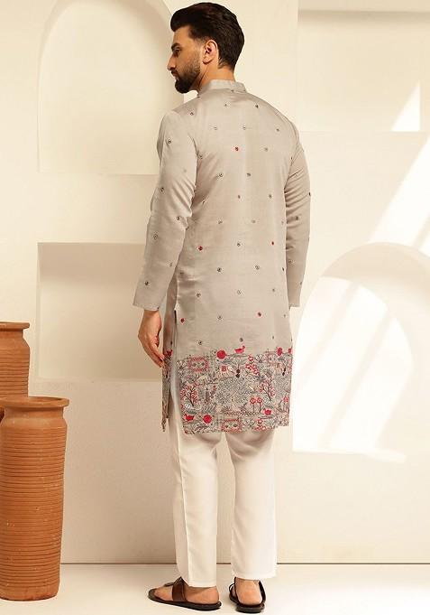 Grey Thread Work Cotton Kurta For Men