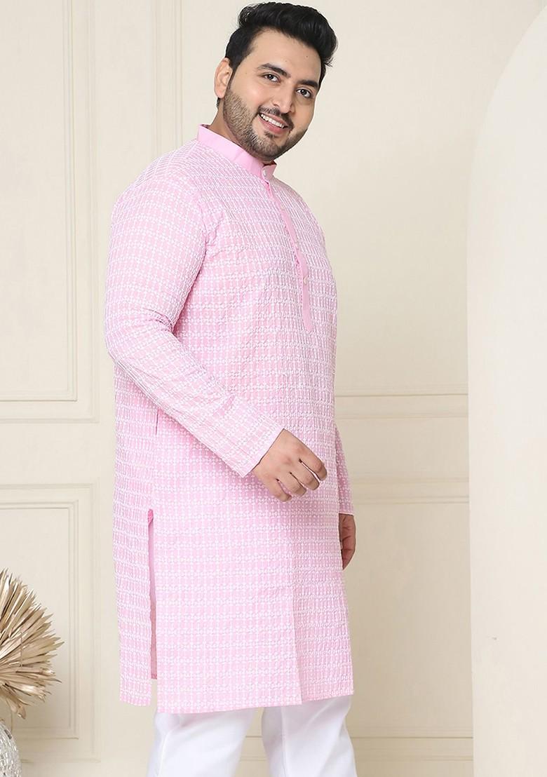 Pink Embroidered Cotton Kurta For Men