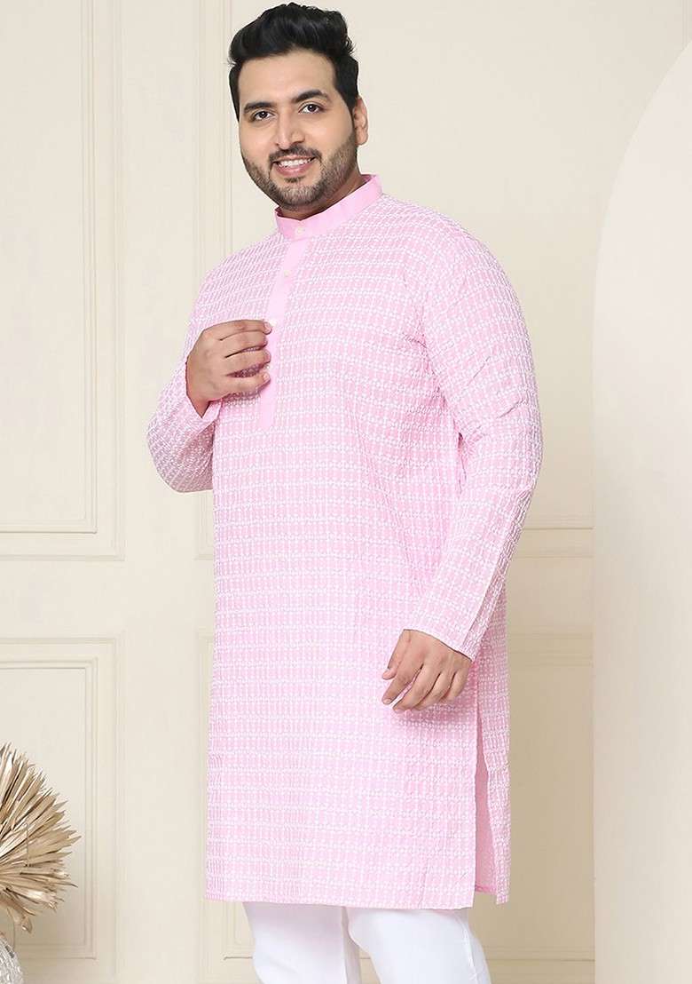 Pink Embroidered Cotton Kurta For Men - Indya