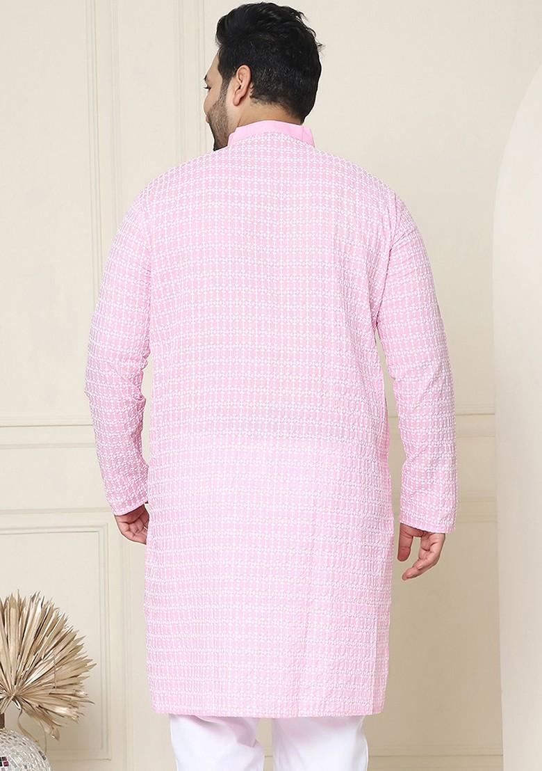 Pink Embroidered Cotton Kurta For Men