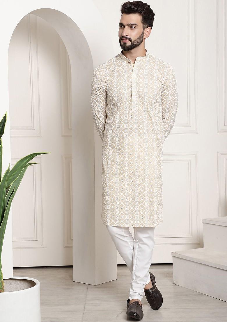 Beige Mirror Work Poly Blend Kurta For Men