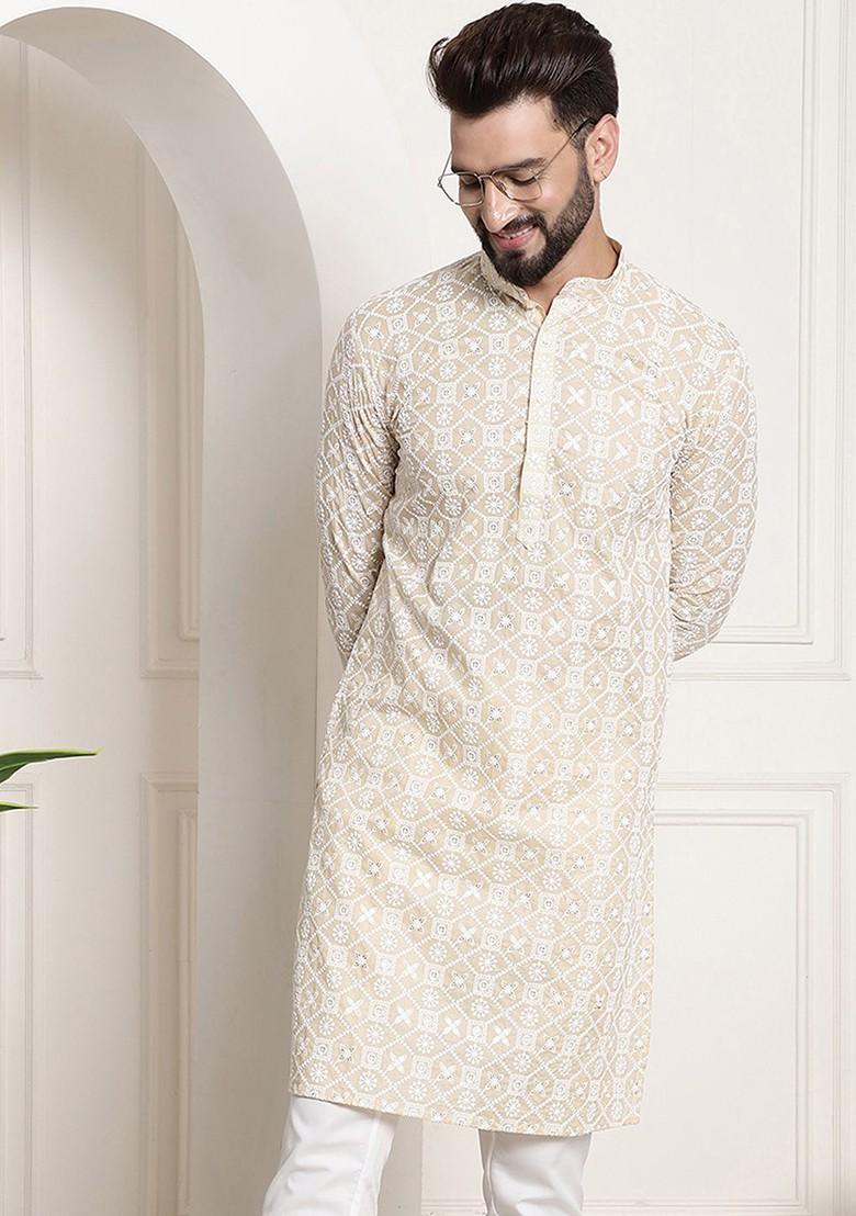 Beige Mirror Work Poly Blend Kurta For Men