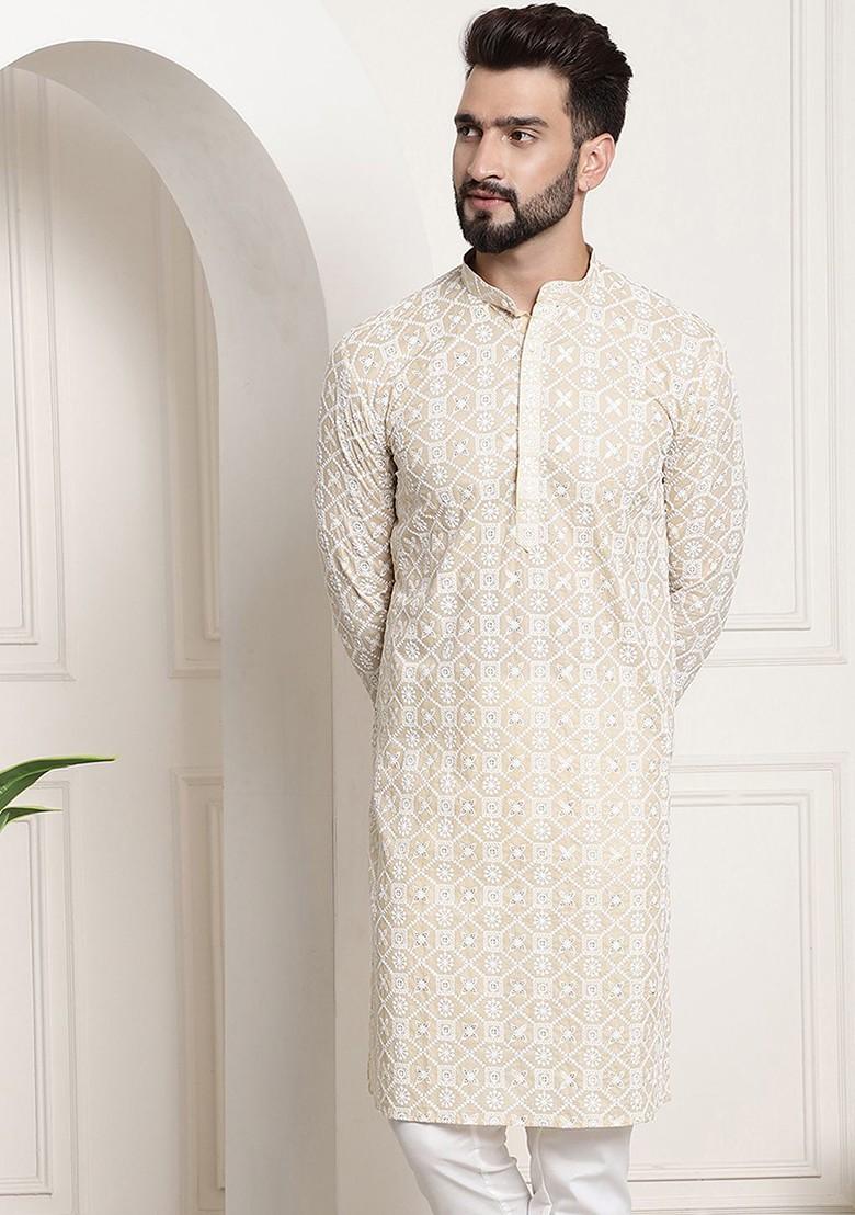Beige Mirror Work Poly Blend Kurta For Men