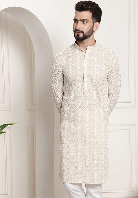 Beige Mirror Work Poly Blend Kurta For Men