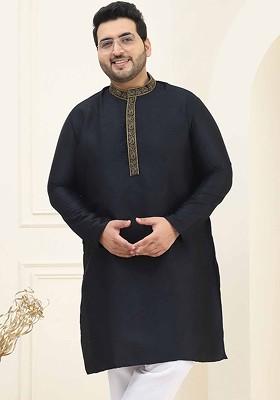 Black Thread Work Cotton Kurta For Men