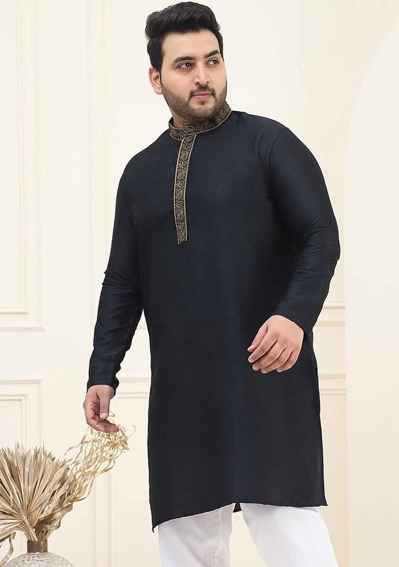 Black Thread Work Cotton Kurta For Men