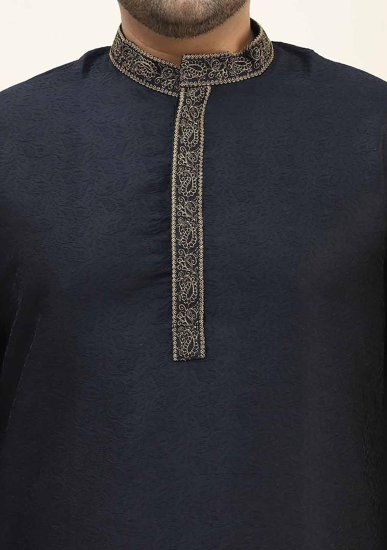 Black Thread Work Cotton Kurta For Men