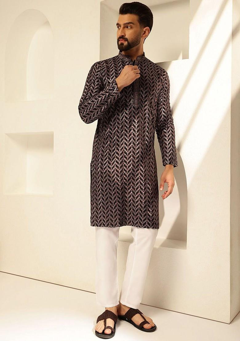 Black Embroidered Cotton Kurta For Men