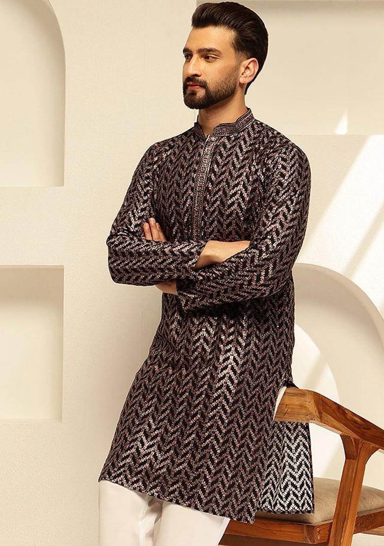 Black Embroidered Cotton Kurta For Men