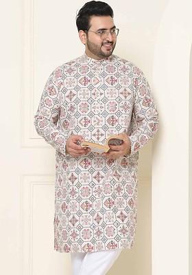 Cream Ethnic Motifs Cotton Kurta For Men