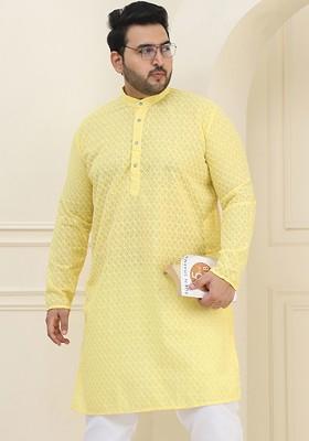 Yellow Embroidered Cotton Kurta For Men