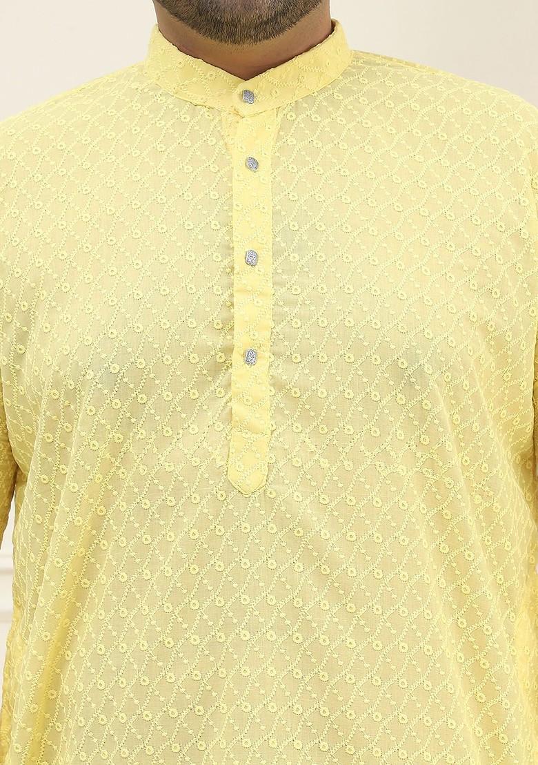 Yellow Embroidered Cotton Kurta For Men