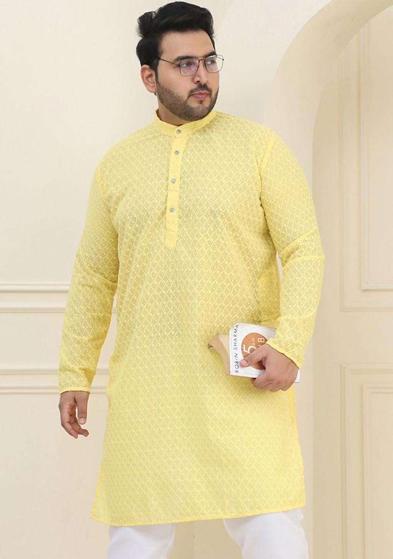 Yellow Embroidered Cotton Kurta For Men
