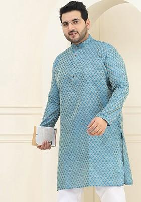 Blue Woven Silk Kurta For Men