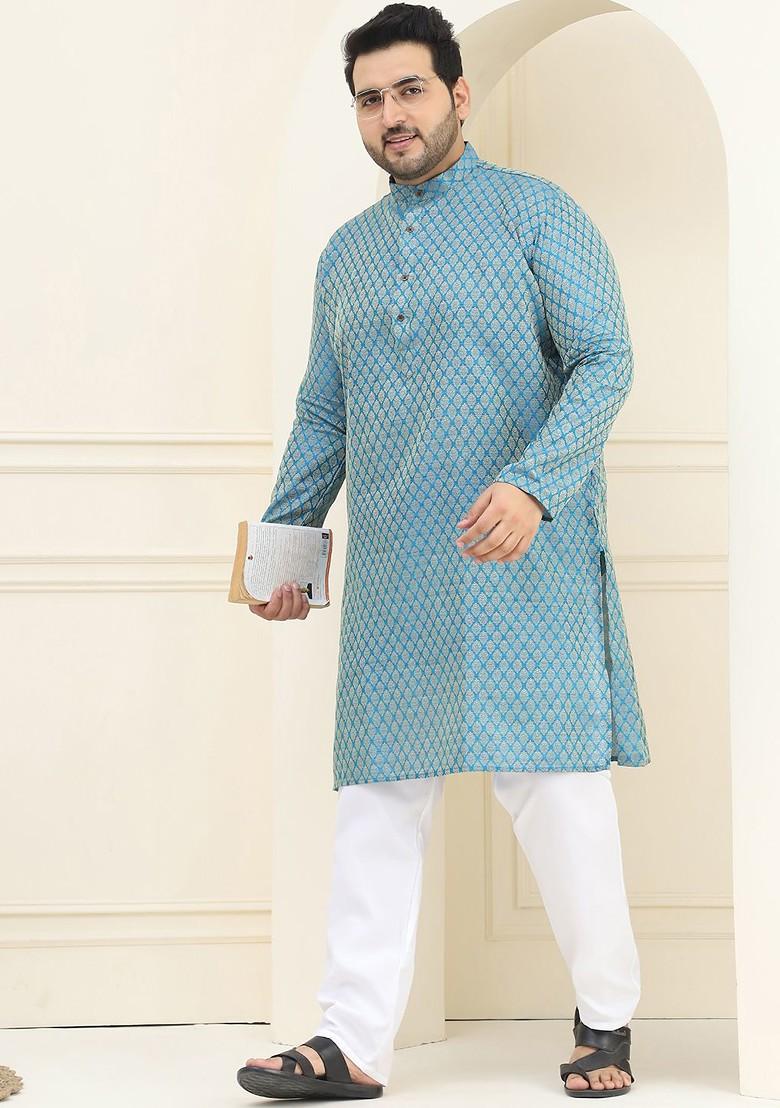 Blue Woven Silk Kurta For Men