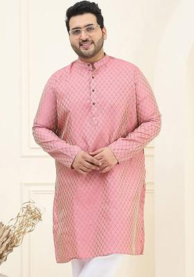Pink Ethnic Motifs Poly Blend Kurta For Men