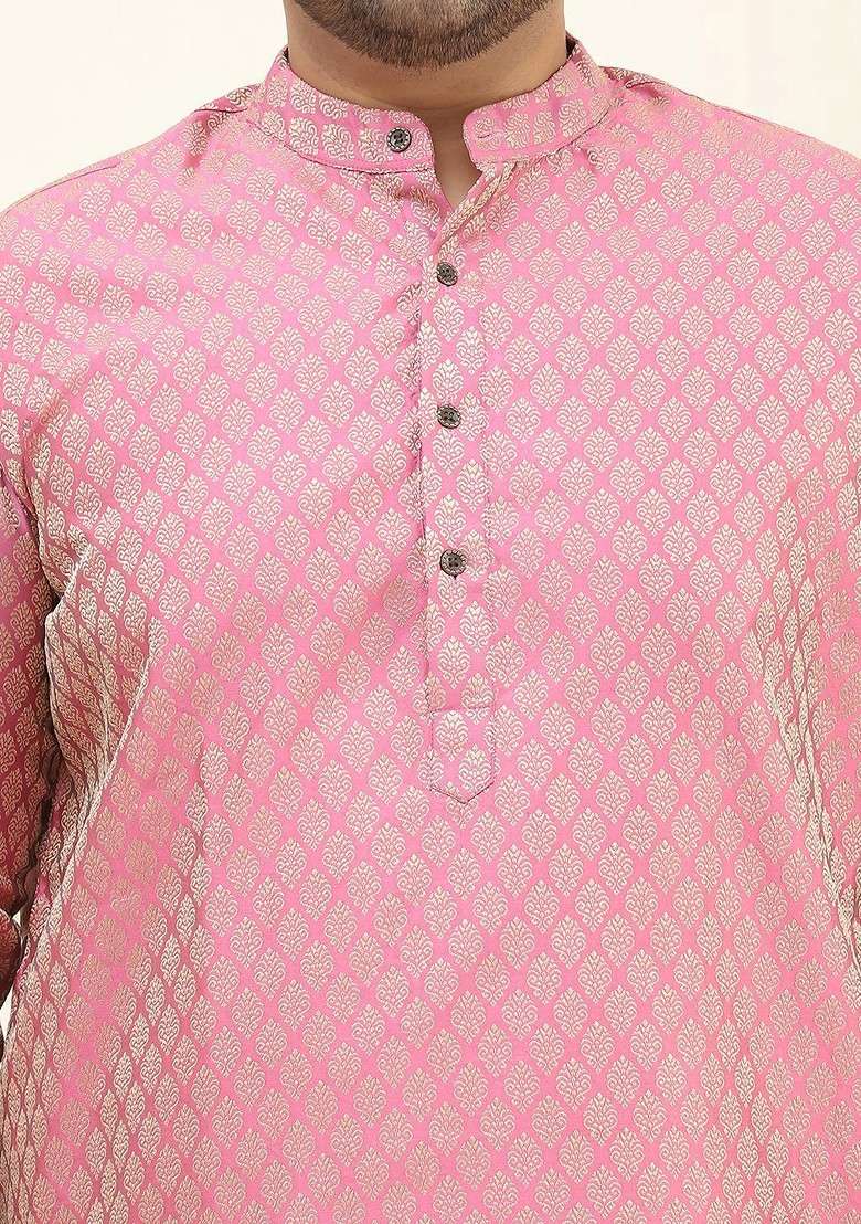 Pink Ethnic Motifs Poly Blend Kurta For Men - Indya
