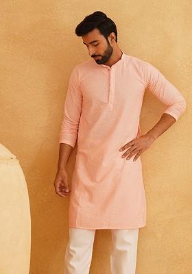 Peach Embroidered Cotton Kurta For Men