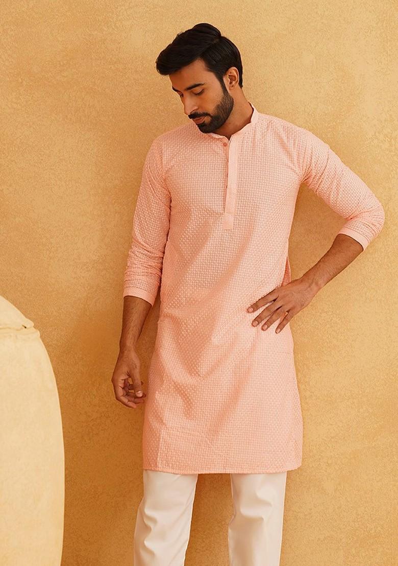 Peach Embroidered Cotton Kurta For Men