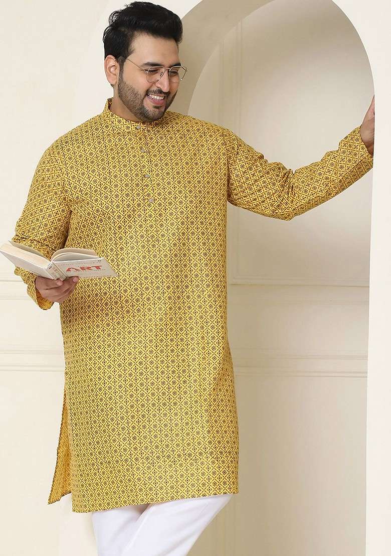 Mustard Ethnic Motifs Cotton Kurta For Men - Indya