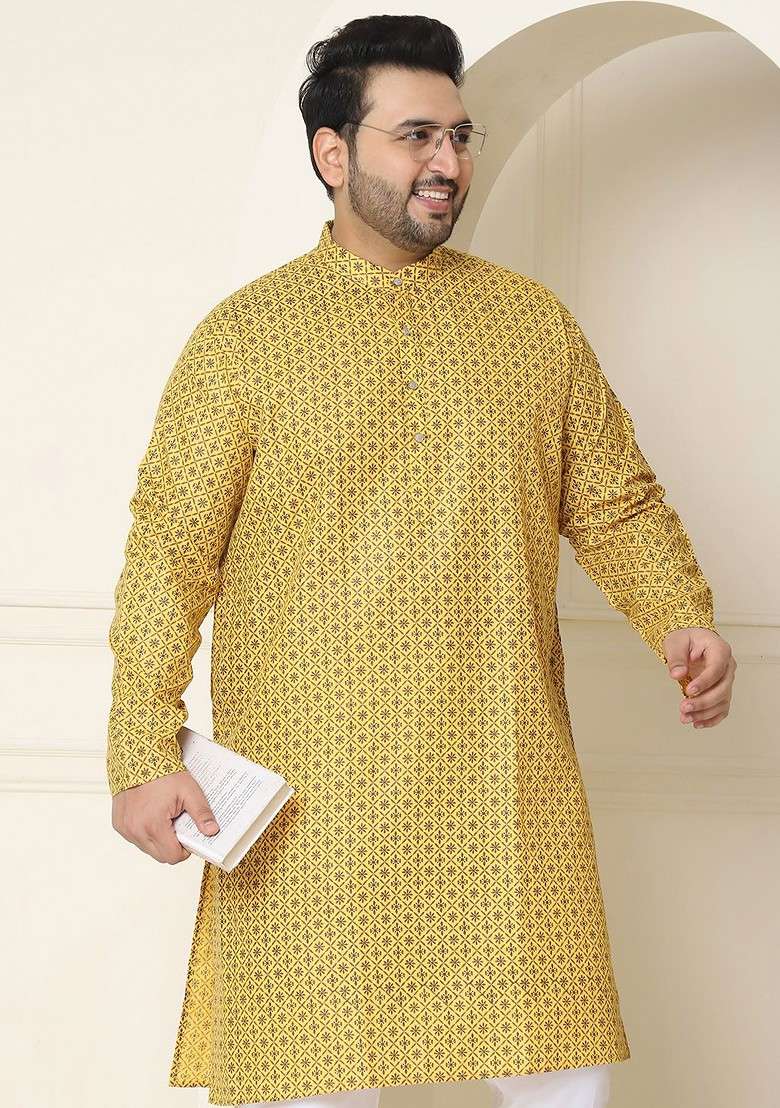 Mustard Ethnic Motifs Cotton Kurta For Men - Indya