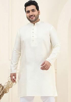 Cream Ethnic Motifs Poly Blend Kurta For Men