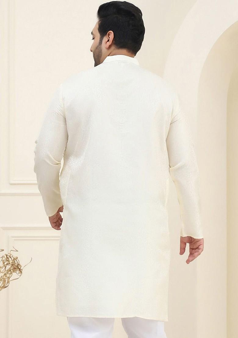 Cream Ethnic Motifs Poly Blend Kurta For Men