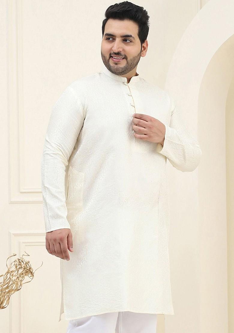 Cream Ethnic Motifs Poly Blend Kurta For Men