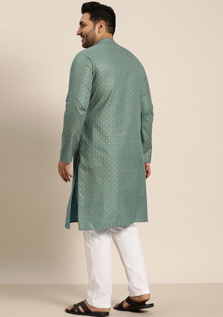 Blue Ethnic Motifs Poly Blend Kurta For Men