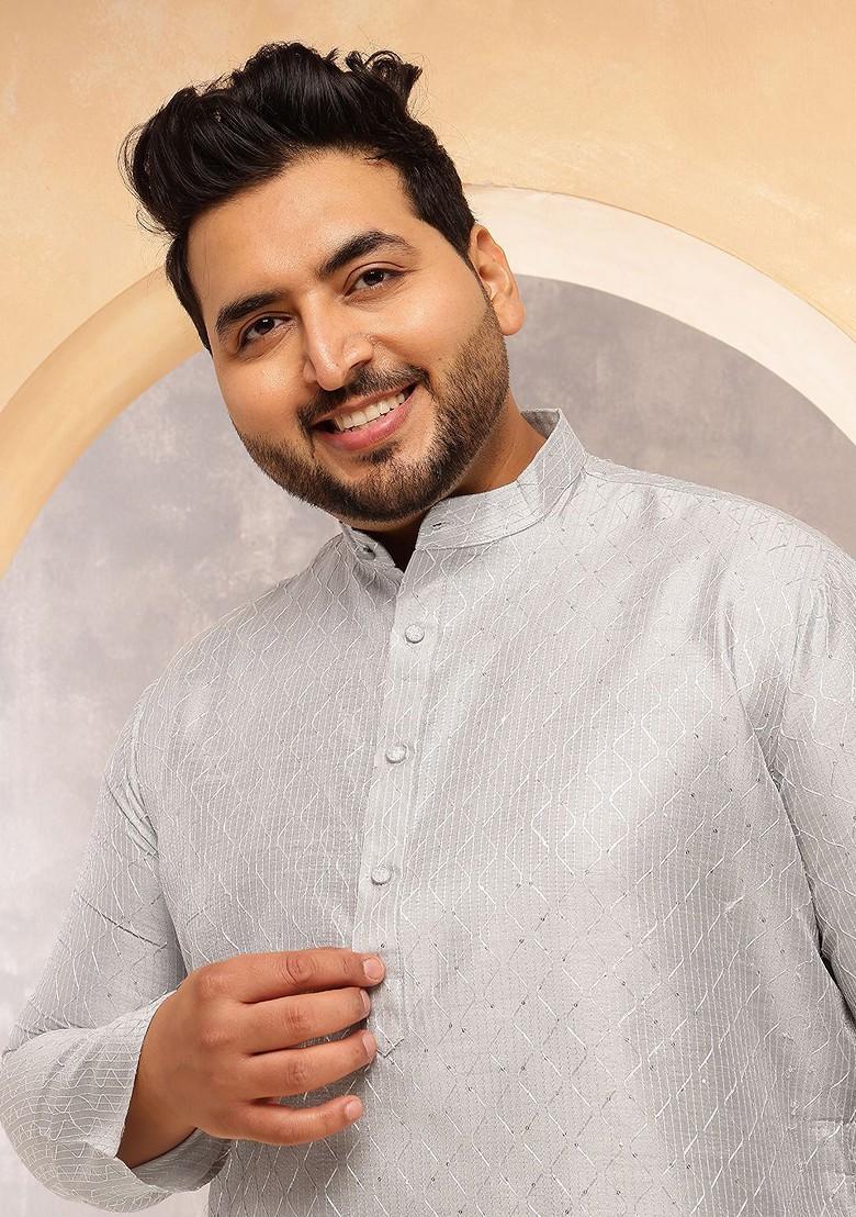 Grey Embroidered Poly Blend Kurta For Men