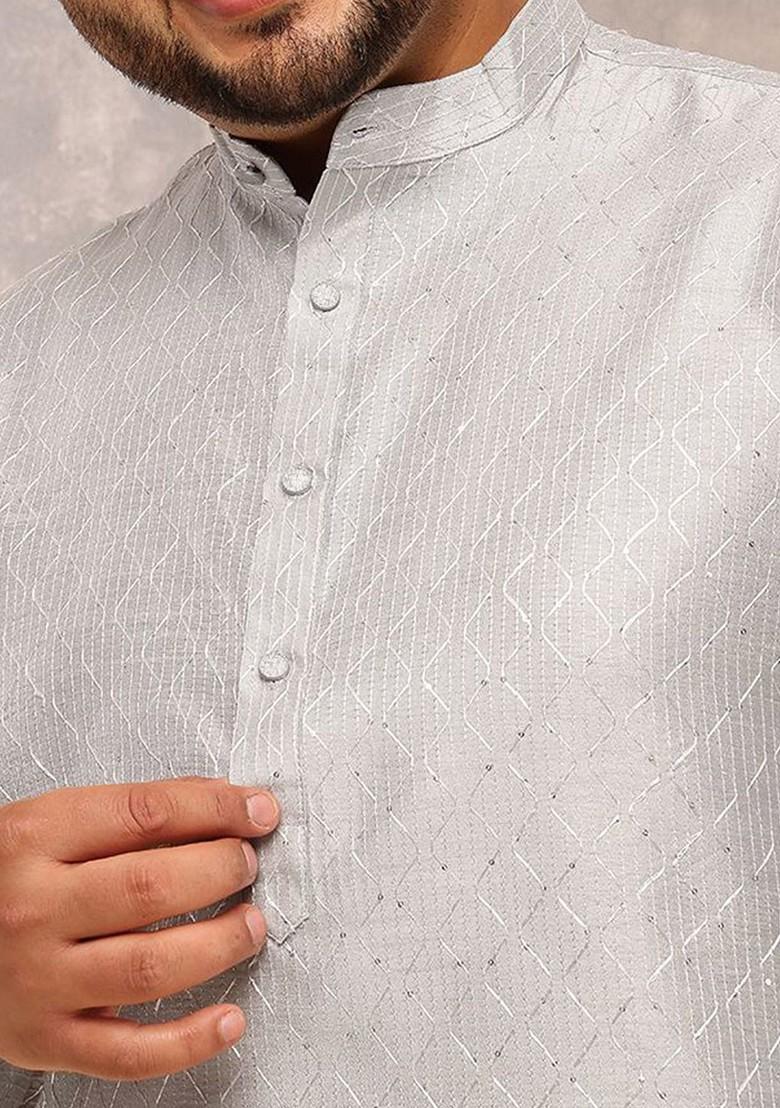 Grey Embroidered Poly Blend Kurta For Men