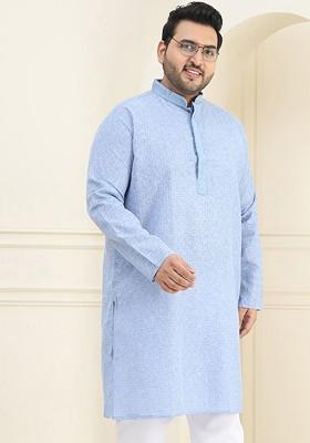 Blue Checked Cotton Kurta For Men