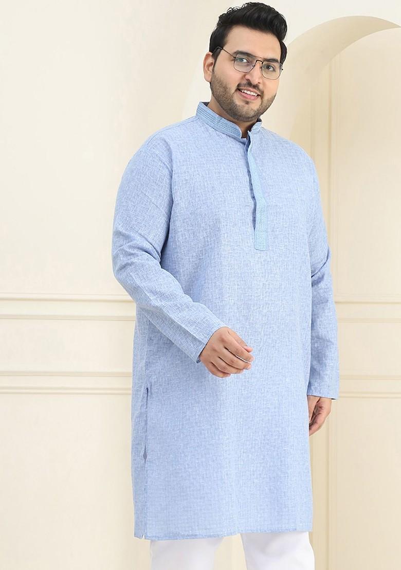 Blue Checked Cotton Kurta For Men