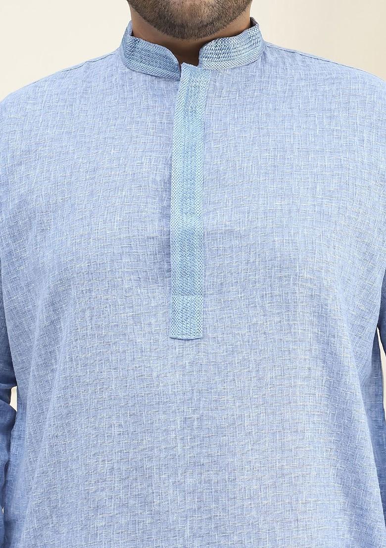 Blue Checked Cotton Kurta For Men