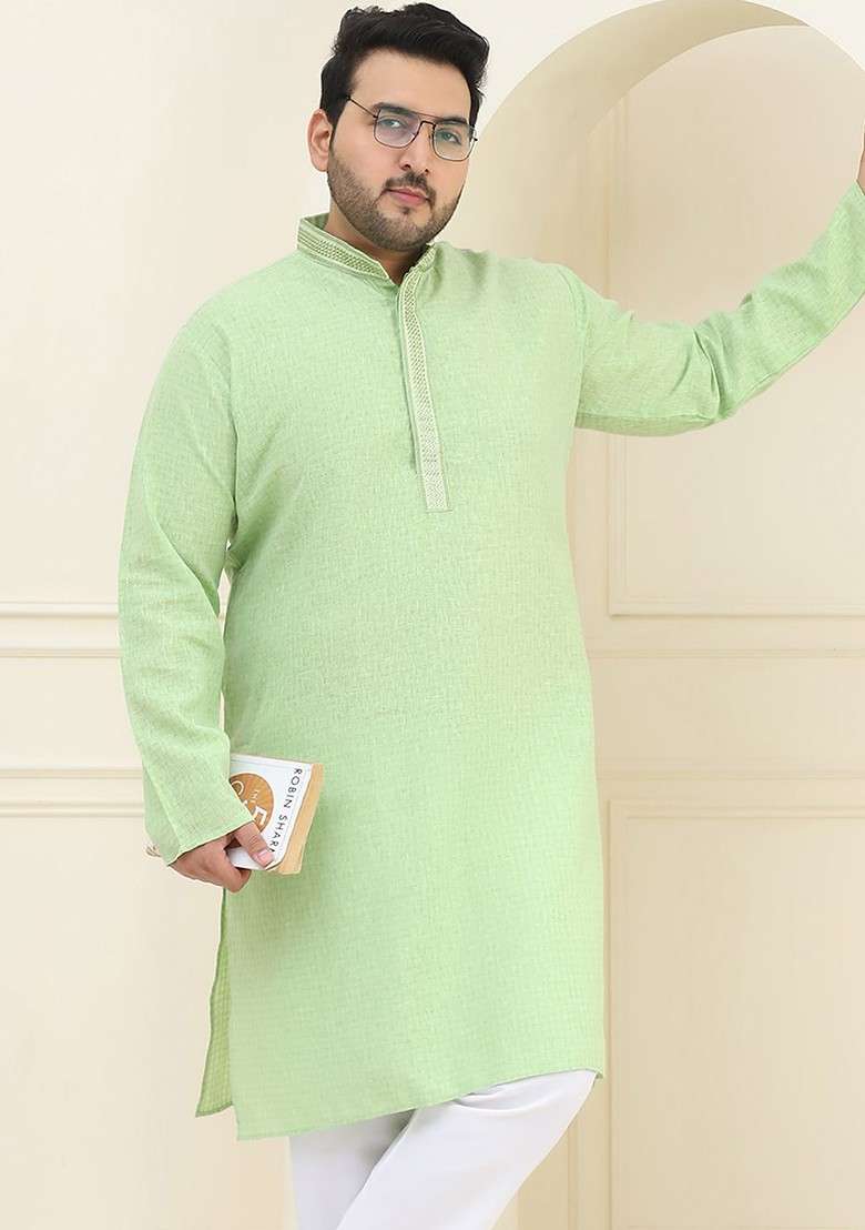 Green Solid Cotton Kurta For Men - Indya
