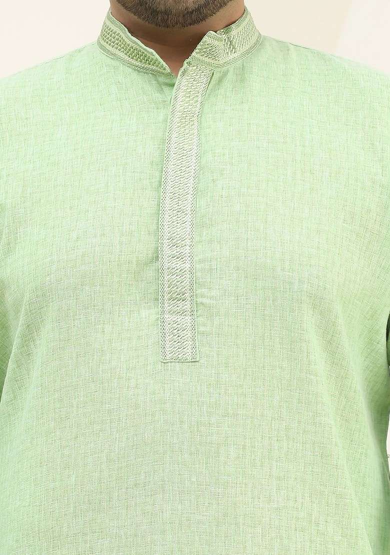 Green Solid Cotton Kurta For Men - Indya