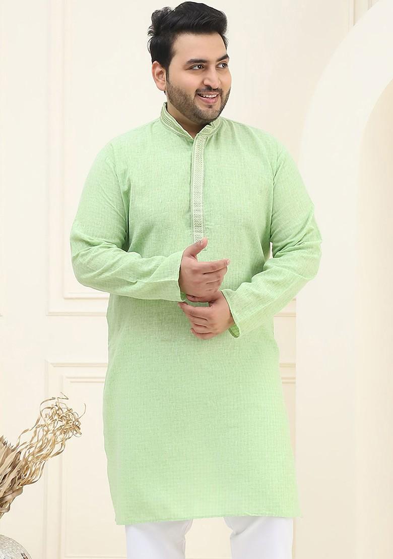 Green Solid Cotton Kurta For Men