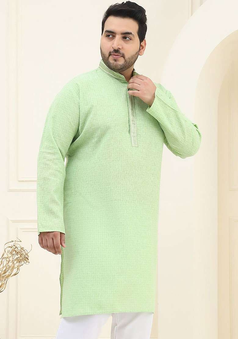 Green Solid Cotton Kurta For Men - Indya