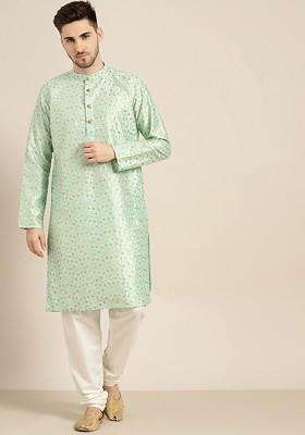 Sea Green Floral Print Poly Blend Kurta For Men