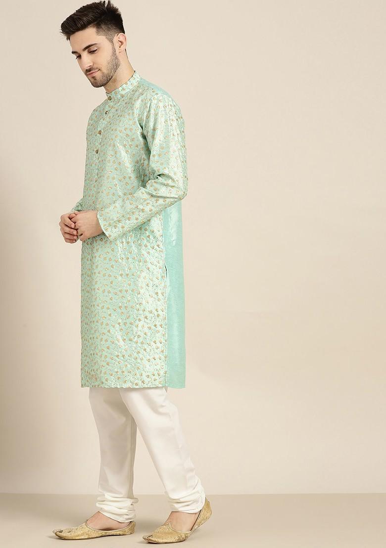 Sea Green Floral Print Poly Blend Kurta For Men