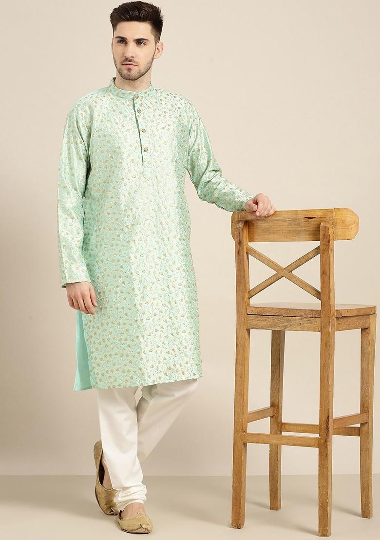 Sea Green Floral Print Poly Blend Kurta For Men