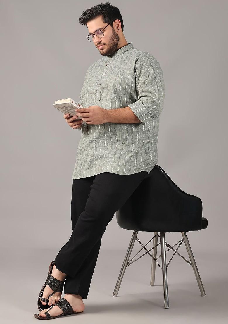 Green Woven Cotton Kurta For Men