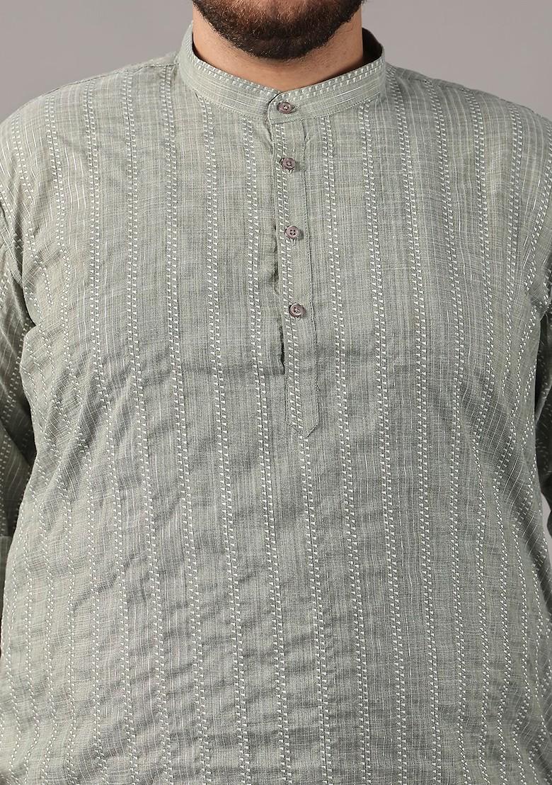 Green Woven Cotton Kurta For Men
