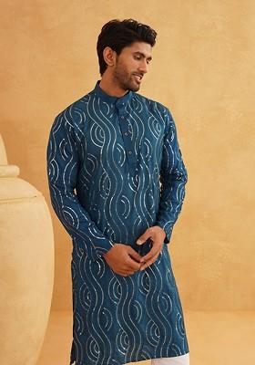 Teal Blue Embroidered Poly Blend Kurta For Men