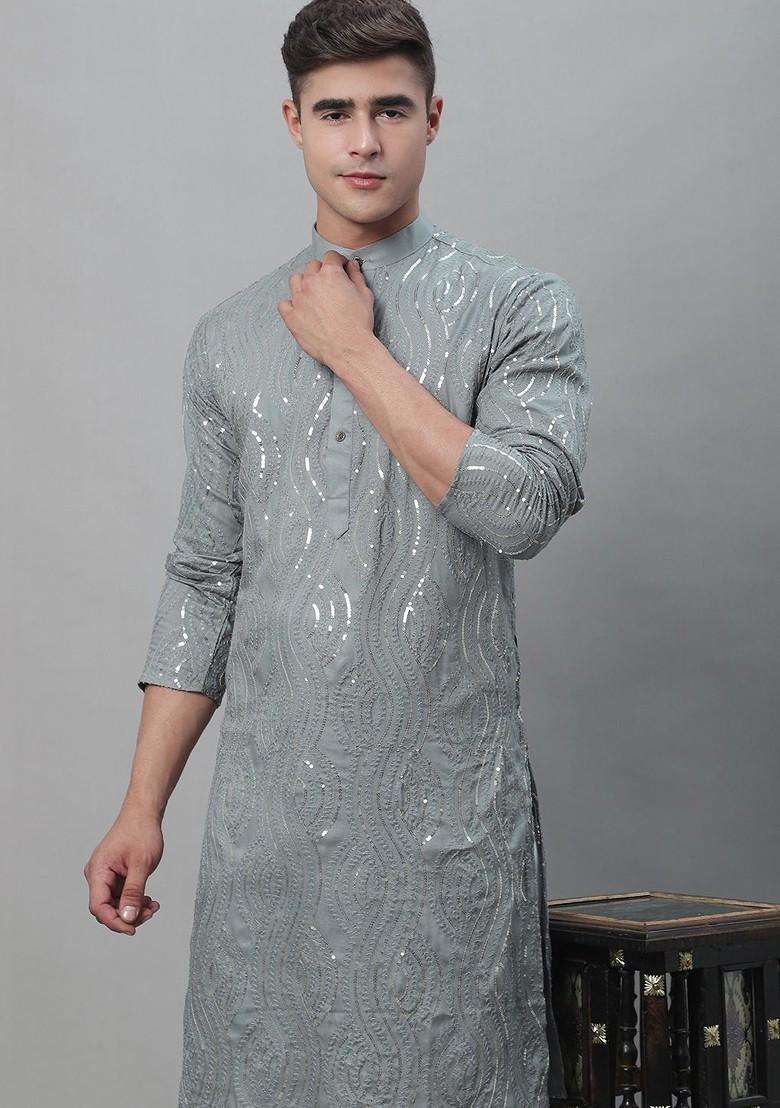 Grey Embroidered Cotton Kurta For Men