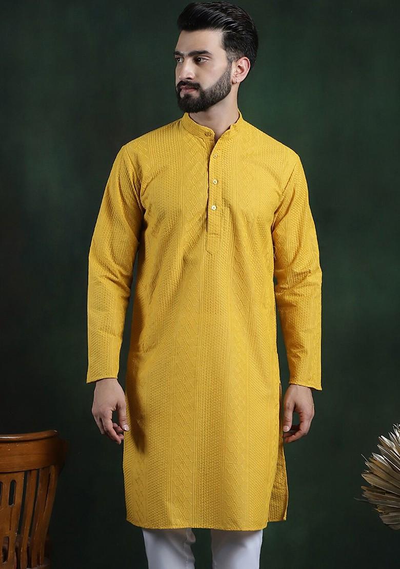 Mustard Thread Work Cotton Kurta For Men